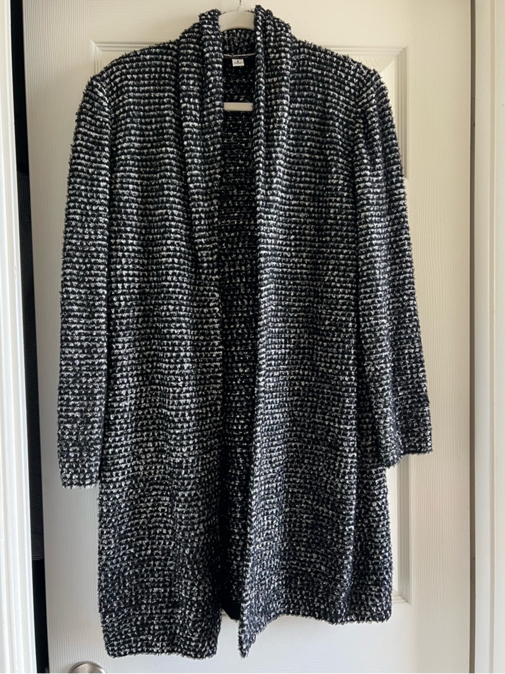 St. John Black and White Open-Front Knit Cardigan